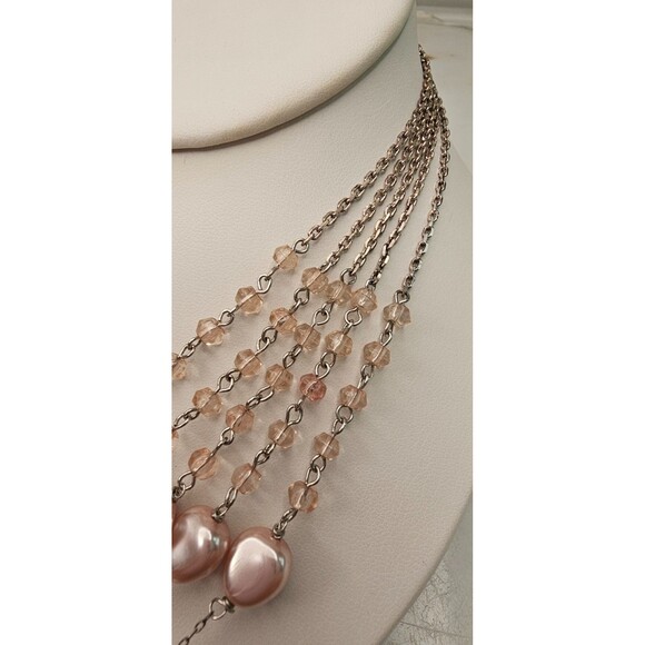 Multi Strand Pink Faux Pearl Silver Chain Beaded Layered Necklace 16" Adjustable - Picture 6 of 7